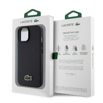 Apple iPhone 15 Kılıf Lacoste Orjinal Lisanslı PU Pike Desenli Arka Yüzey İkonik Timsah Dokuma Logolu Kapak Siyah