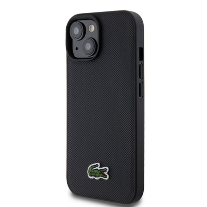 Apple iPhone 15 Kılıf Lacoste Orjinal Lisanslı PU Pike Desenli Arka Yüzey İkonik Timsah Dokuma Logolu Kapak + Type-C Kablo 1.5m Siyah