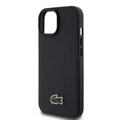 Apple iPhone 15 Kılıf Lacoste Orjinal Lisanslı PU Pike Desenli Arka Yüzey İkonik Timsah Dokuma Logolu Kapak + Type-C Kablo 1.5m Siyah
