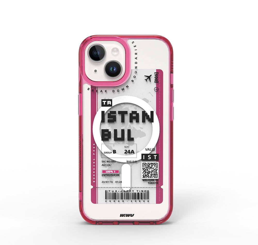 Apple iPhone 15 Case with M-safe Charging Feature, Ticket Pattern, Wiwu Turkey B Series Cover, Pink 
