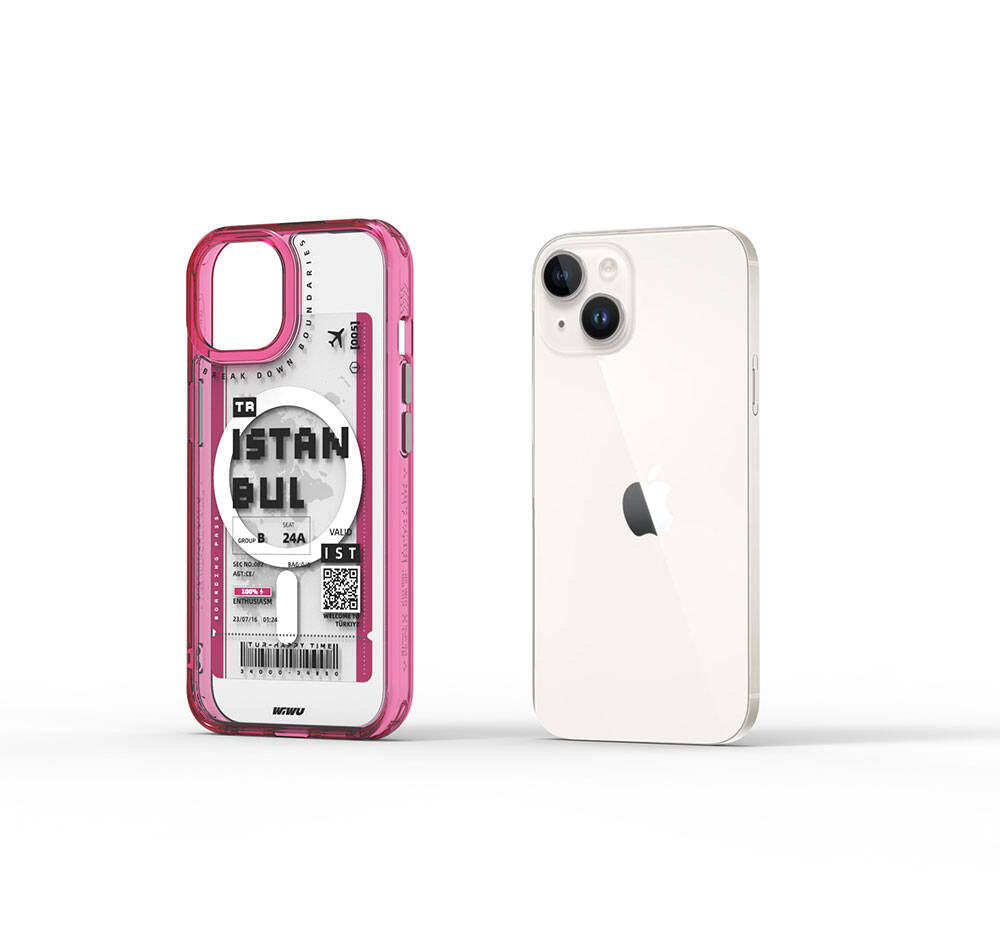 Apple iPhone 15 Case with M-safe Charging Feature, Ticket Pattern, Wiwu Turkey B Series Cover, Pink 