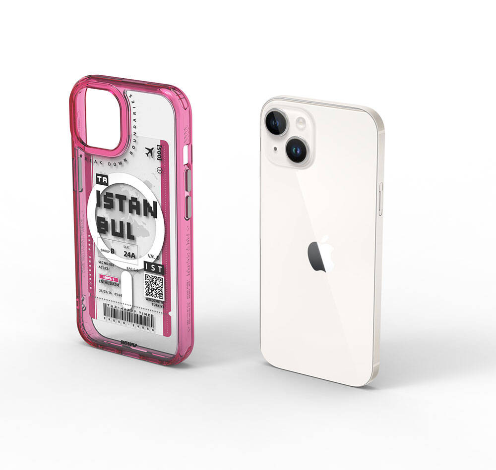 Apple iPhone 15 Case with M-safe Charging Feature, Ticket Pattern, Wiwu Turkey B Series Cover, Pink 