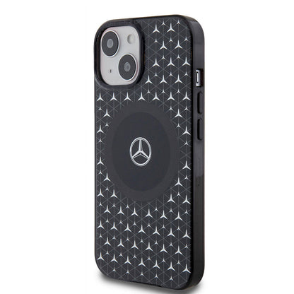 Apple iPhone 15 Kılıf Mercedes Benz Orjinal Lisanslı M-safe Şarj Özellikli Çift Katmanlı Mini Yıldız Desenli Kapak Siyah
