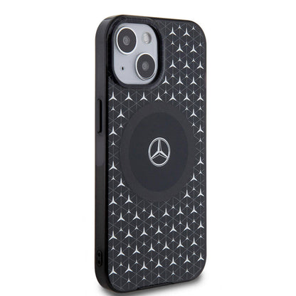 Apple iPhone 15 Kılıf Mercedes Benz Orjinal Lisanslı M-safe Şarj Özellikli Çift Katmanlı Mini Yıldız Desenli Kapak Siyah