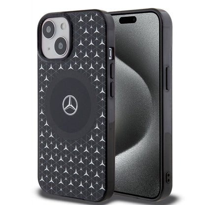 Apple iPhone 15 Kılıf Mercedes Benz Orjinal Lisanslı M-safe Şarj Özellikli Çift Katmanlı Mini Yıldız Desenli Kapak Siyah