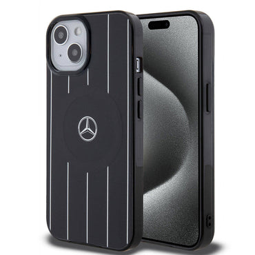 Apple iPhone 15 Kılıf Mercedes Benz Orjinal Lisanslı M-safe Şarj Özellikli Çift Katmanlı Paralel Çizgi Desenli Kapak Siyah