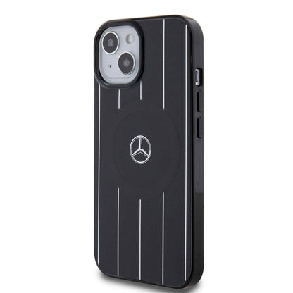 Apple iPhone 15 Kılıf Mercedes Benz Orjinal Lisanslı M-safe Şarj Özellikli Çift Katmanlı Paralel Çizgi Desenli Kapak Siyah