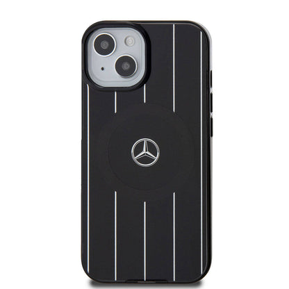 Apple iPhone 15 Kılıf Mercedes Benz Orjinal Lisanslı M-safe Şarj Özellikli Çift Katmanlı Paralel Çizgi Desenli Kapak Beyaz