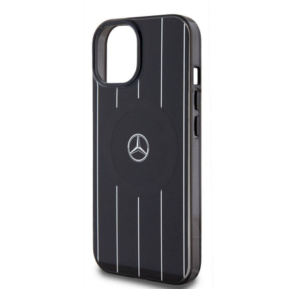 Apple iPhone 15 Kılıf Mercedes Benz Orjinal Lisanslı M-safe Şarj Özellikli Çift Katmanlı Paralel Çizgi Desenli Kapak Siyah