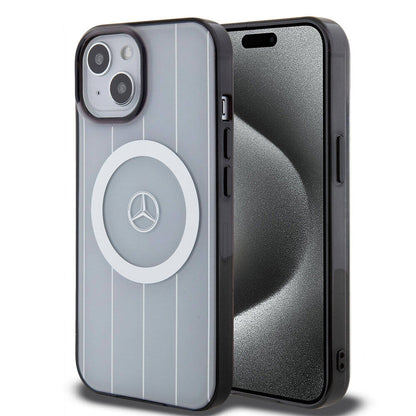 Apple iPhone 15 Kılıf Mercedes Benz Orjinal Lisanslı M-safe Şarj Özellikli Çift Katmanlı Paralel Çizgi Desenli Kapak Siyah
