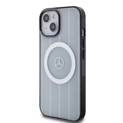 Apple iPhone 15 Kılıf Mercedes Benz Orjinal Lisanslı M-safe Şarj Özellikli Çift Katmanlı Paralel Çizgi Desenli Kapak Siyah