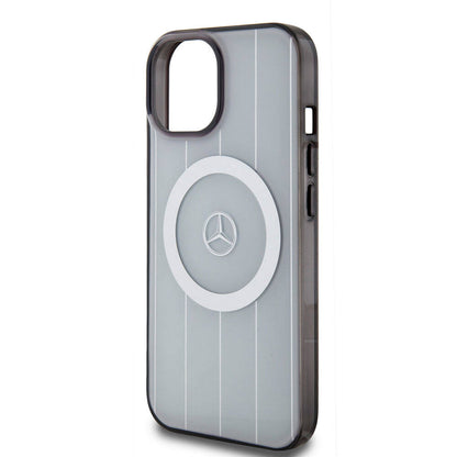 Apple iPhone 15 Kılıf Mercedes Benz Orjinal Lisanslı M-safe Şarj Özellikli Çift Katmanlı Paralel Çizgi Desenli Kapak Beyaz