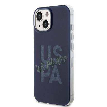 Apple iPhone 15 Kılıf U.S. Polo Assn. Orjinal Lisanslı Simli Parlak Alfabe Tasarım Kapak Mavi