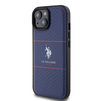 Apple iPhone 15 Kılıf U.S. Polo Assn. Orjinal Lisanslı Deri Şeritli Logo Dizayn Kapak Lacivert
