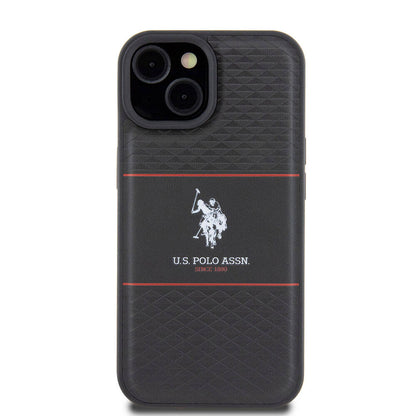 Apple iPhone 15 Kılıf U.S. Polo Assn. Orjinal Lisanslı Deri Şeritli Logo Dizayn Kapak Siyah