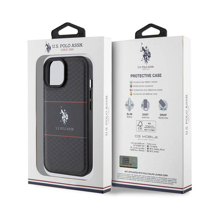 Apple iPhone 15 Kılıf U.S. Polo Assn. Orjinal Lisanslı Deri Şeritli Logo Dizayn Kapak Siyah