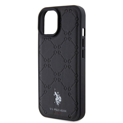 Apple iPhone 15 Kılıf U.S. Polo Assn. Orjinal Lisanslı HS Desenli Baskı Logolu Suni Deri Kapak Siyah