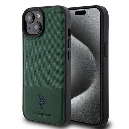 Apple iPhone 15 Kılıf U.S. Polo Assn. Orjinal Lisanslı Suni Deri Arka Yüzey Baskı Logolu Örgü Desenli Kapak Siyah