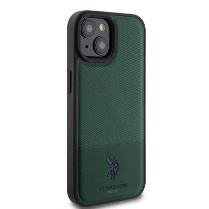 Apple iPhone 15 Kılıf U.S. Polo Assn. Orjinal Lisanslı Suni Deri Arka Yüzey Baskı Logolu Örgü Desenli Kapak Siyah