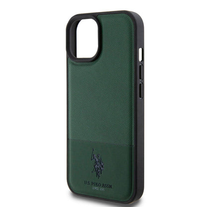 Apple iPhone 15 Kılıf U.S. Polo Assn. Orjinal Lisanslı Suni Deri Arka Yüzey Baskı Logolu Örgü Desenli Kapak Siyah