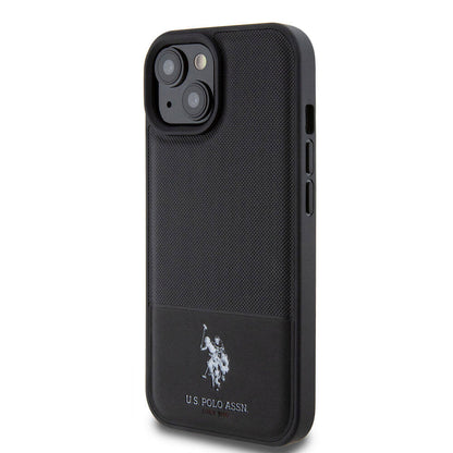 Apple iPhone 15 Kılıf U.S. Polo Assn. Orjinal Lisanslı Suni Deri Arka Yüzey Baskı Logolu Örgü Desenli Kapak Siyah