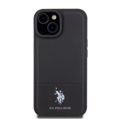 Apple iPhone 15 Kılıf U.S. Polo Assn. Orjinal Lisanslı Suni Deri Arka Yüzey Baskı Logolu Örgü Desenli Kapak Siyah