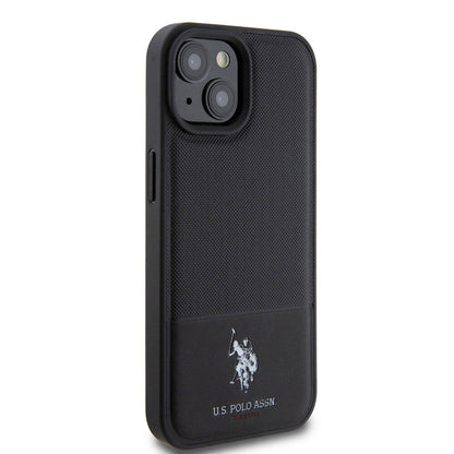 Apple iPhone 15 Kılıf U.S. Polo Assn. Orjinal Lisanslı Suni Deri Arka Yüzey Baskı Logolu Örgü Desenli Kapak Siyah