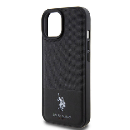 Apple iPhone 15 Kılıf U.S. Polo Assn. Orjinal Lisanslı Suni Deri Arka Yüzey Baskı Logolu Örgü Desenli Kapak Kırmızı