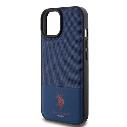 Apple iPhone 15 Kılıf U.S. Polo Assn. Orjinal Lisanslı Suni Deri Arka Yüzey Baskı Logolu Örgü Desenli Kapak Siyah
