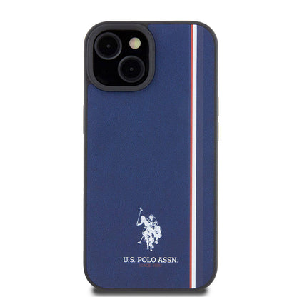 Apple iPhone 15 Kılıf U.S. Polo Assn. Orjinal Lisanslı Üç Renk Şerit Tasarımlı Baskı Logolu Kapak Lacivert