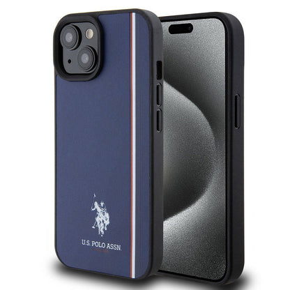 Apple iPhone 15 Kılıf U.S. Polo Assn. Orjinal Lisanslı Üç Renk Şerit Tasarımlı Baskı Logolu Kapak Lacivert