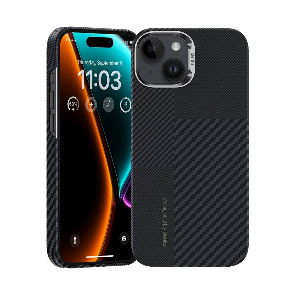 Apple iPhone 15 Carbon Fiber Benks Montage ArmorAir Kevlar Cover Black with M-safe Charging 
