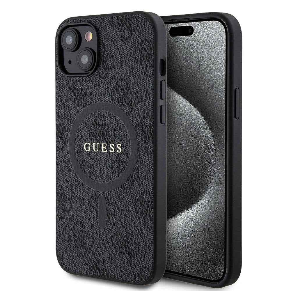 Apple iPhone 15 Plus Guess Original Licensed M-Safe Charging Feature PU Ring 4G Patterned Text Logo Cover Black