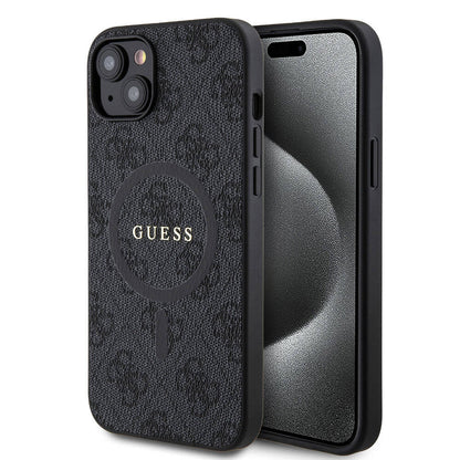 Apple iPhone 15 Plus Guess Orjinal Lisanslı M-safe Şarj Özellikli PU Halkalı 4G Desenli Yazı Logolu Kapak