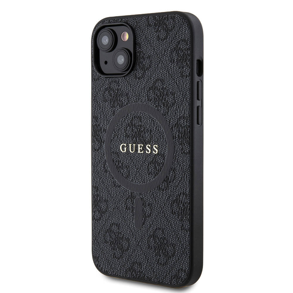 Apple iPhone 15 Plus Guess Original Licensed M-Safe Charging Feature PU Ring 4G Patterned Text Logo Cover Black
