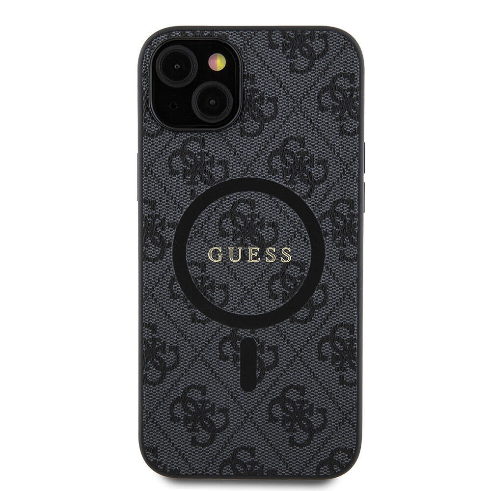 Apple iPhone 15 Plus Guess Original Licensed M-Safe Charging Feature PU Ring 4G Patterned Text Logo Cover Black