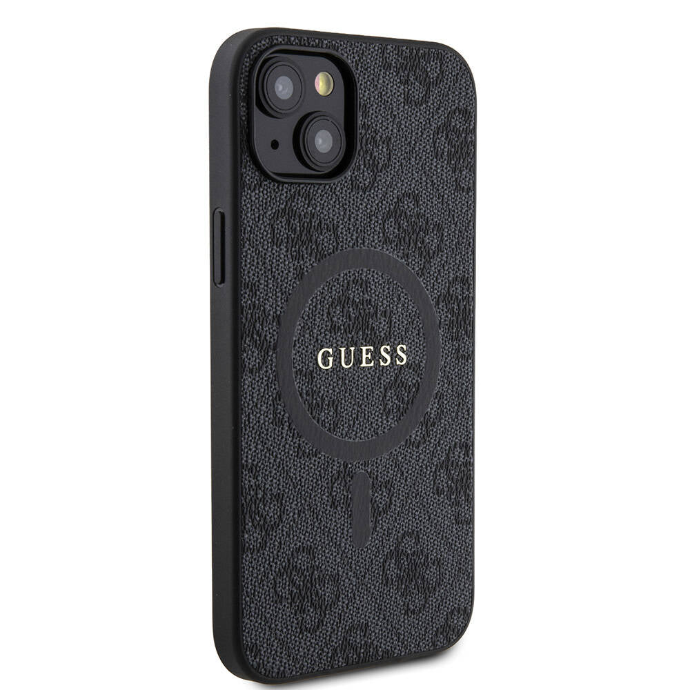 Apple iPhone 15 Plus Guess Original Licensed M-Safe Charging Feature PU Ring 4G Patterned Text Logo Cover Black