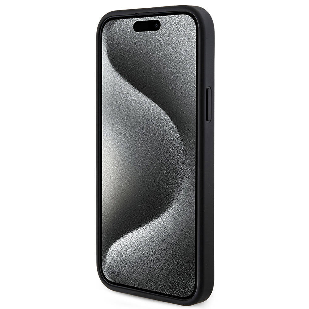 Apple iPhone 15 Plus Guess Original Licensed M-Safe Charging Feature PU Ring 4G Patterned Text Logo Cover Black