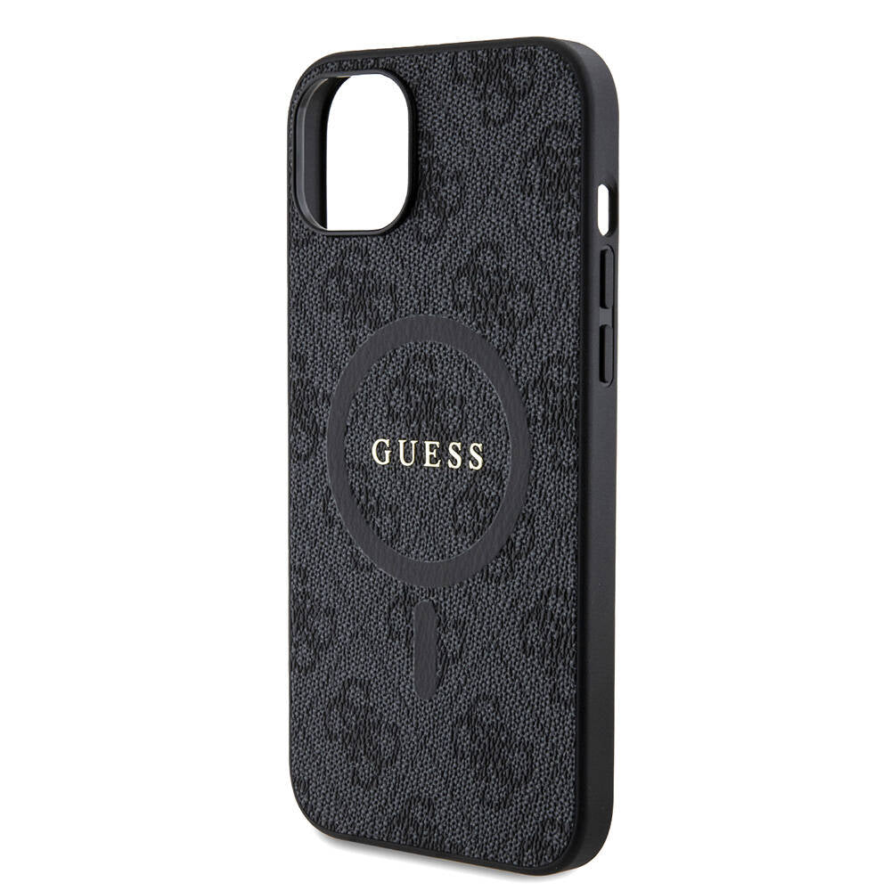 Apple iPhone 15 Plus Guess Original Licensed M-Safe Charging Feature PU Ring 4G Patterned Text Logo Cover Black