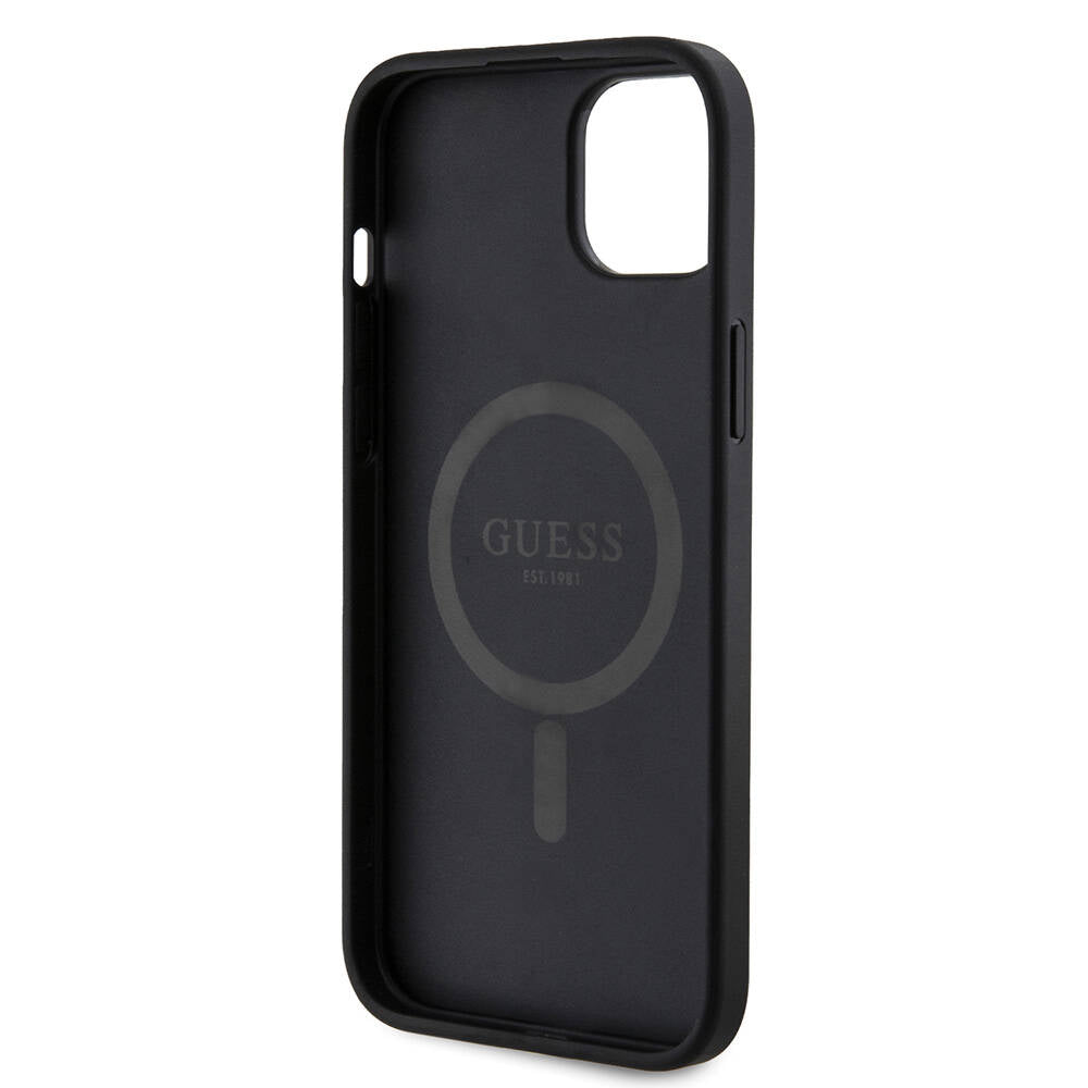 Apple iPhone 15 Plus Guess Original Licensed M-Safe Charging Feature PU Ring 4G Patterned Text Logo Cover Black