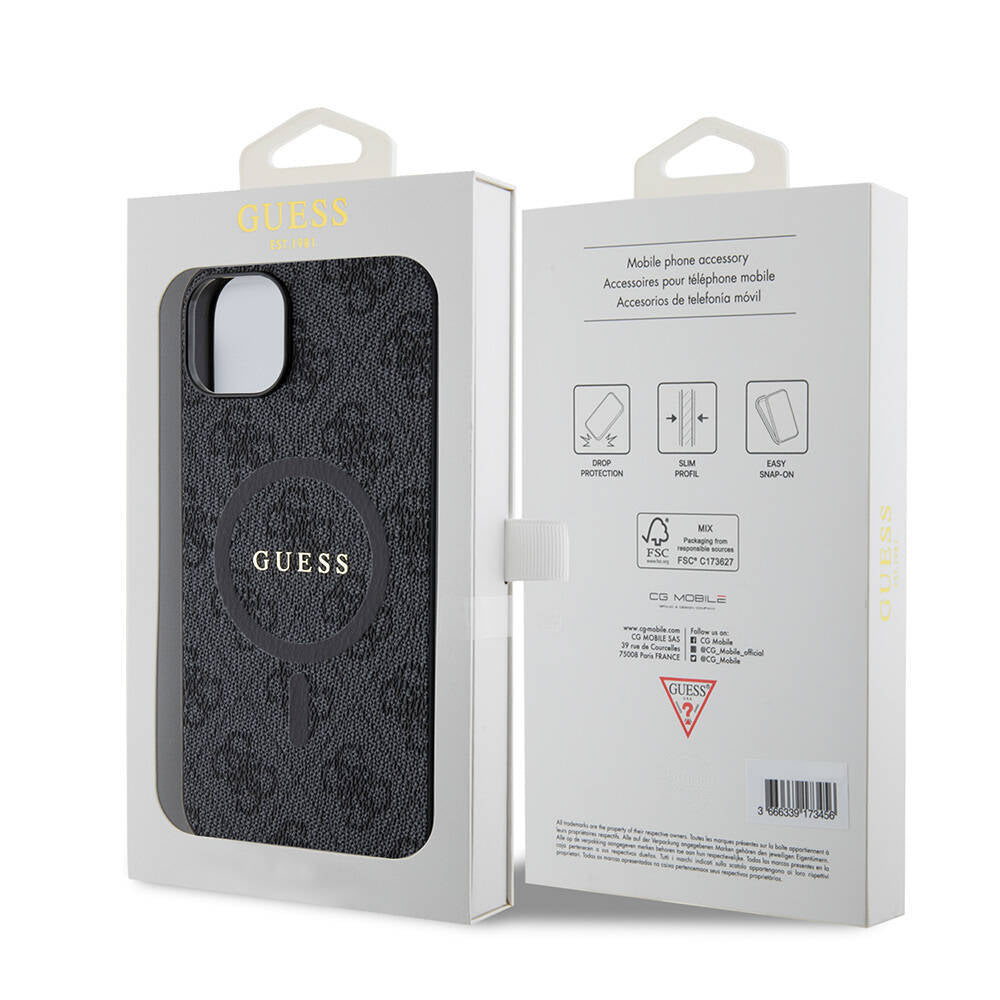 Apple iPhone 15 Plus Guess Original Licensed M-Safe Charging Feature PU Ring 4G Patterned Text Logo Cover Black