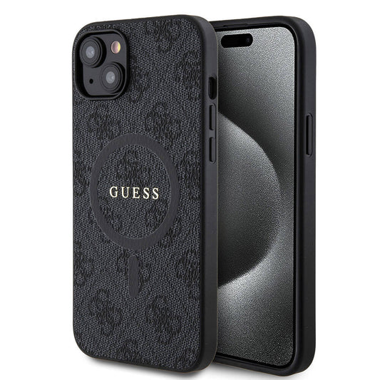 Apple iPhone 15 Plus Guess Original Licensed M-Safe Charging Feature PU Ring 4G Patterned Text Logo Cover Black