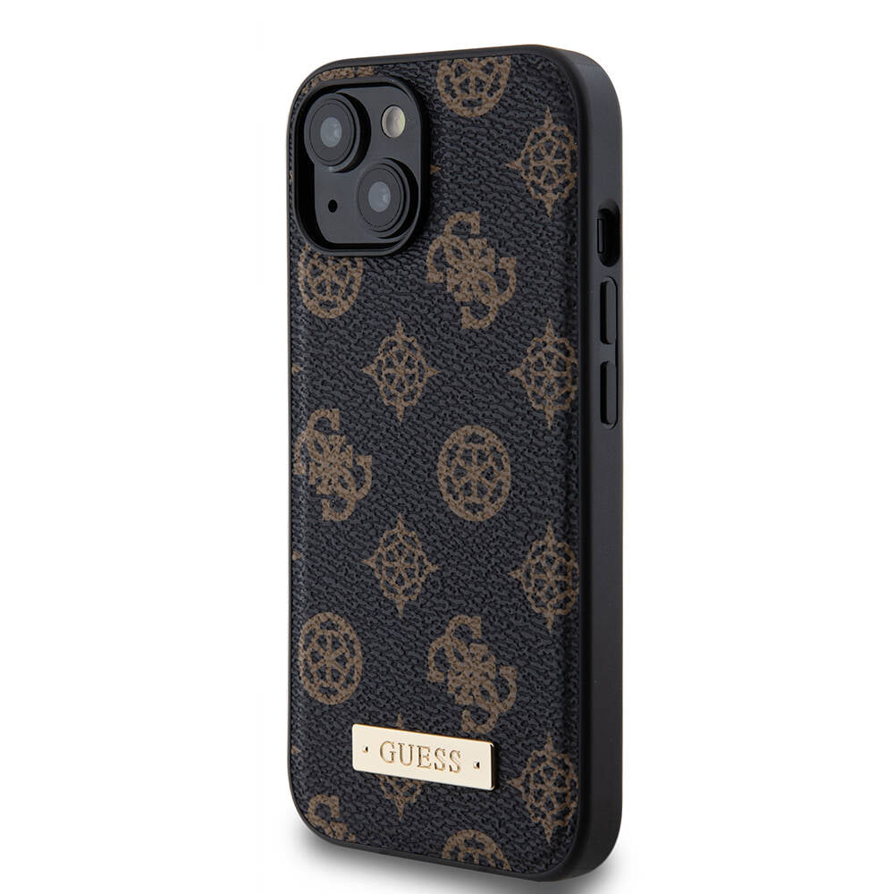 Apple iPhone 15 Plus Case Guess M-safe Charging Function PU Leather Patterned Metal Plate Logo Cover Black