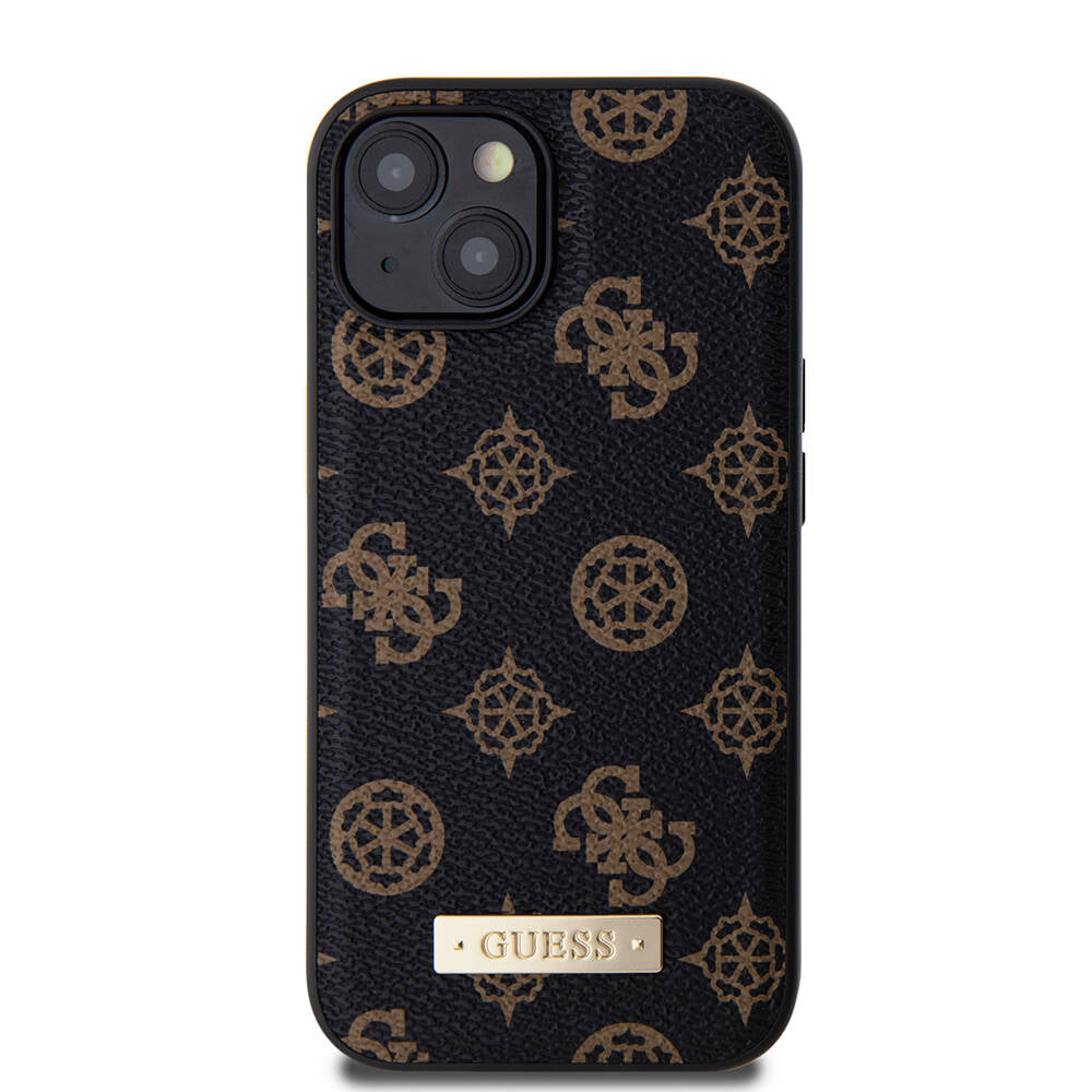 Apple iPhone 15 Plus Case Guess M-safe Charging Function PU Leather Patterned Metal Plate Logo Cover Black