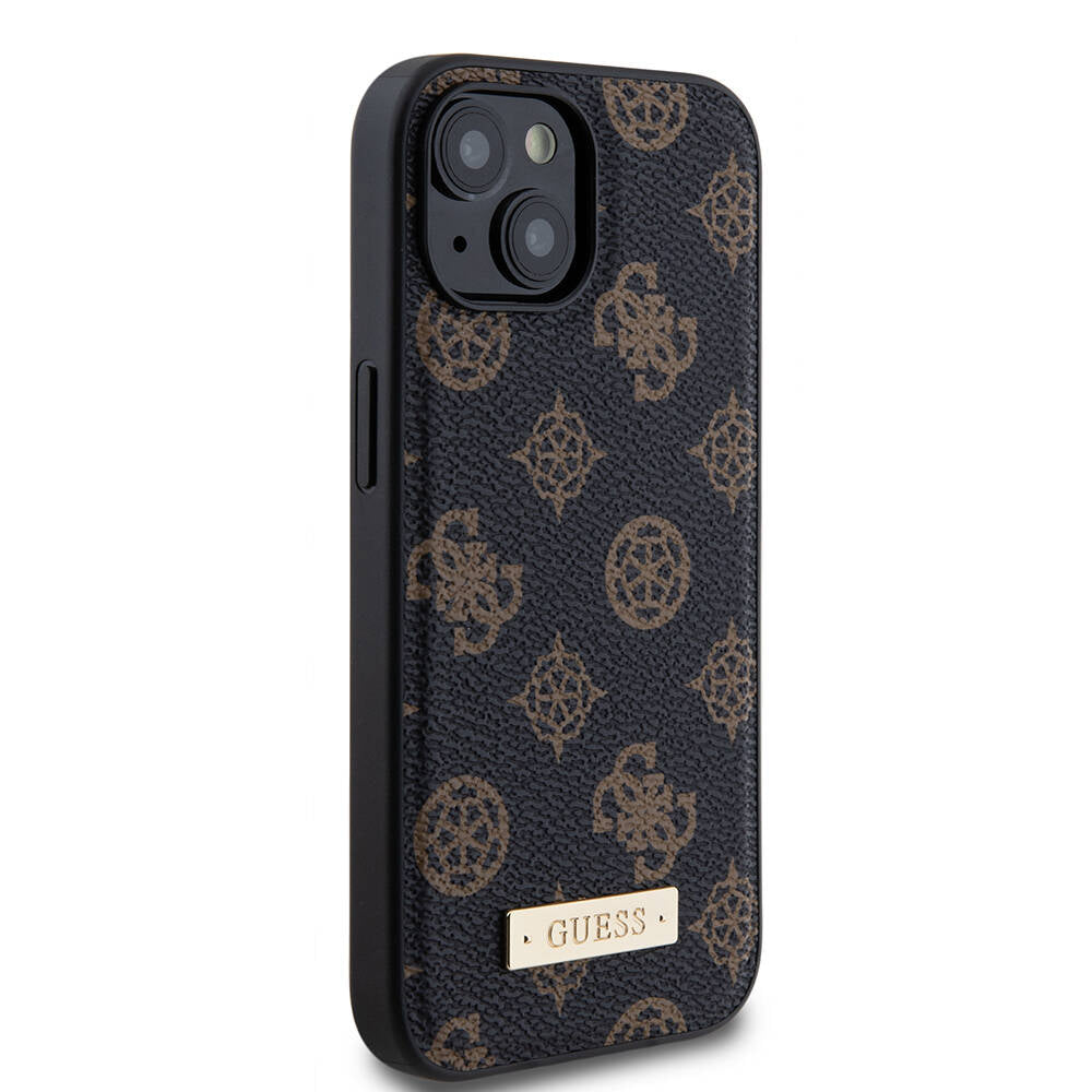 Apple iPhone 15 Plus Case Guess M-safe Charging Function PU Leather Patterned Metal Plate Logo Cover Black