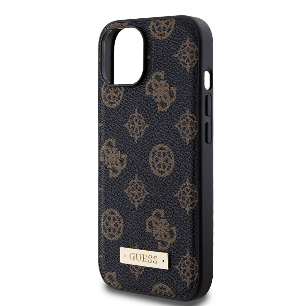 Apple iPhone 15 Plus Case Guess M-safe Charging Function PU Leather Patterned Metal Plate Logo Cover Black