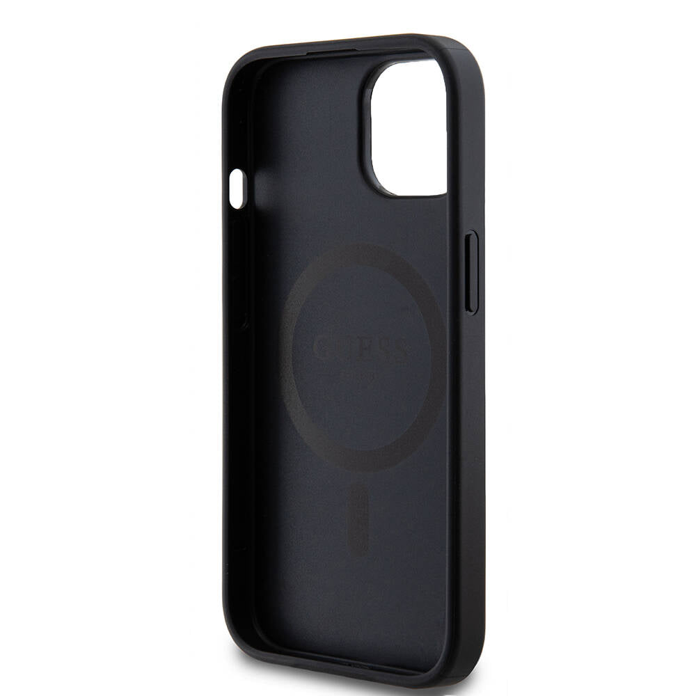 Apple iPhone 15 Plus Case Guess M-safe Charging Function PU Leather Patterned Metal Plate Logo Cover Black