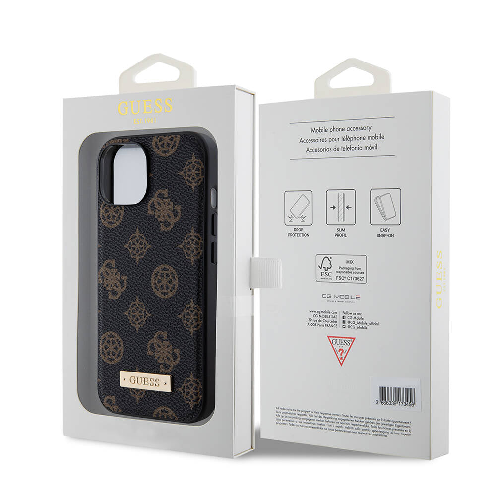 Apple iPhone 15 Plus Case Guess M-safe Charging Function PU Leather Patterned Metal Plate Logo Cover Black