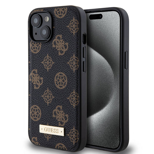 Apple iPhone 15 Plus Case Guess M-safe Charging Function PU Leather Patterned Metal Plate Logo Cover Black