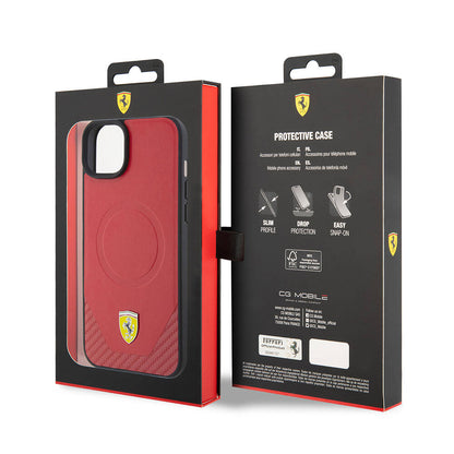 Apple iPhone 15 Plus Kılıf Ferrari Orjinal Lisanslı M-safe Şarj Özellikli Metal Logolu PU Karbon Kapak Kırmızı
